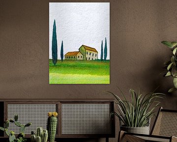 Toskana | Bauernhof und Zypressen | 001 von WatercolorWall