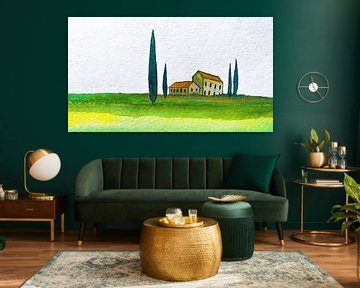 Toskana | Bauernhof und Zypressen | 002 von WatercolorWall