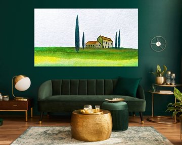 Toskana | Bauernhof und Zypressen | 002 von WatercolorWall