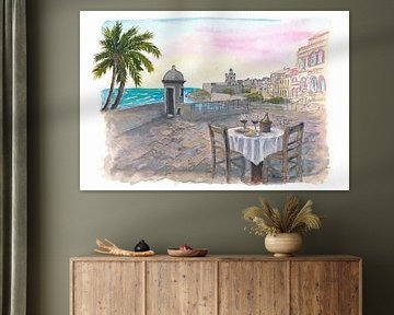 Romantisches Abendessen mit Blick auf San Juan und El Morro bei Sonnenuntergang in Puerto Rico