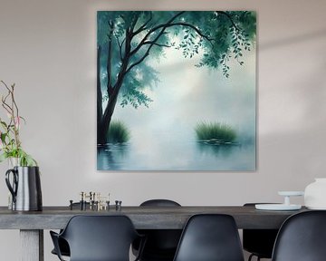 De fluisterende mist: een serene ochtendreflectie onder het blauwgroene bladerdak