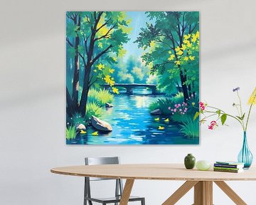 De zonovergoten kruising: een rustige ochtend bij de groene stenen brug van Artistic