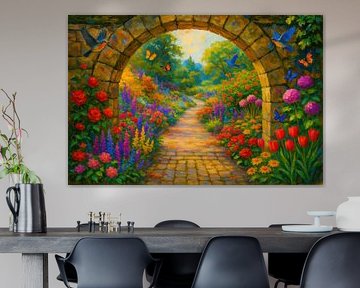 Colourful garden with arched path by Art & Soul Creations