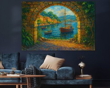 Sailing boats in Mediterranean cove by Imperial Art House