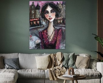 Frau in lila Kleid mit Stadt von Abstraktes Gemälde