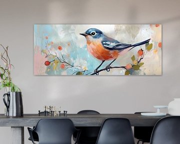 Vogel | Fröhlicher Sommervogel auf einem Ast von Blickfänger Gemälde