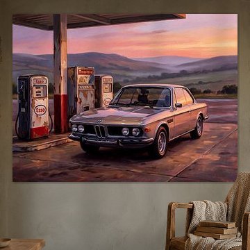 Silver BMW Coupe Vintage Painting at Sunset