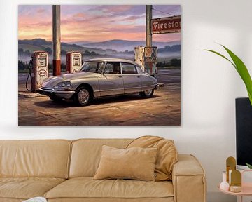 Vintage Citroën DS Gemälde an einer alten Tankstelle