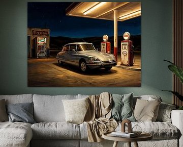 Vintage Citroën DS Tankstelle Nachtszene
