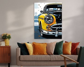 Retro Yellow Classic Car Front Pop Art Portrait by Ramy Salah Hefny