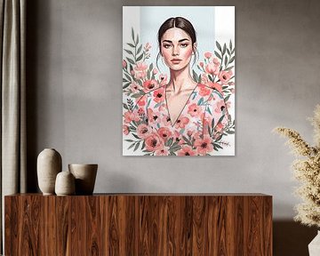 Portrait de femme entourée de fleurs, muse de la mode printanière