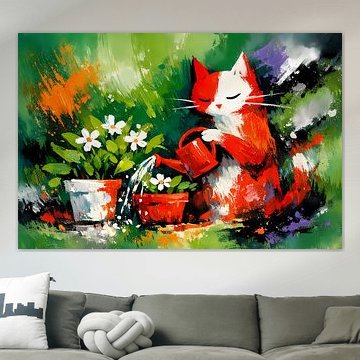 Chat rouge avec arrosoir