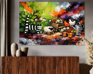 Zwartwitte kat in de tuin