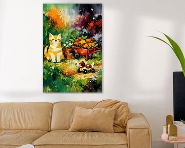 Gele kat met speelgoedhond