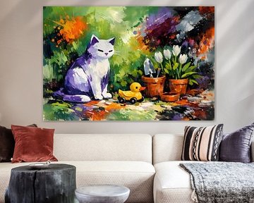 Paarse kat met tulpen