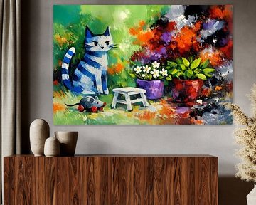 Blauwwitte kat met bloempotten