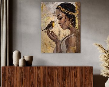 L'amour entre l'homme et l'animal - rouge-gorge sur la main d'une femme africaine sur Emiel de Lange