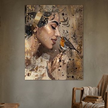Rouge-gorge près d'une jeune femme - taupe et or - décoration murale chic