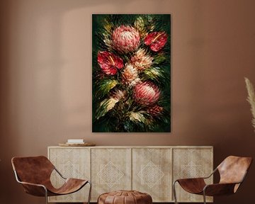 Purpurrote Protea blüht in Mitternachtsschatten