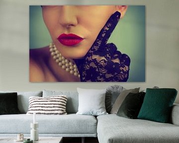 Retro fashion portrait. Stylish woman with glamour makeup and vintage laced gloves. by Jelena Jovanovic Fine Art