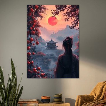 Frau in traditioneller Kleidung blickt auf neblige asiatische Landschaft