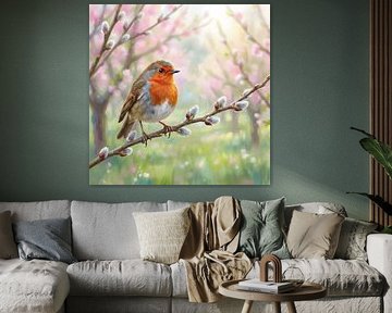 Frühlingsrobin auf einem Weidenzweig von Clay Artista