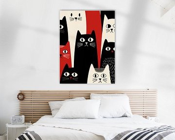 Minimalist Cats in black and white with red