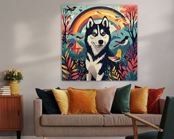 Mystische Wolf-Wandkunst – Fantasievolle Waldillustration mit Regenbogen und Vögeln von ForKey