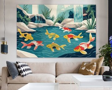 Koi-Fischteich-Wandkunst – Zen-Wasserfall-Gartenillustration für entspannende Dekoration von ForKey
