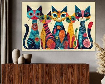 Kleurrijke kattenwanddecoratie – Collectie schattige artistieke kattenillustraties van ForKey