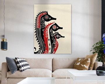 Graphic drawing of three seahorses in black and red by Lauren Wilde
