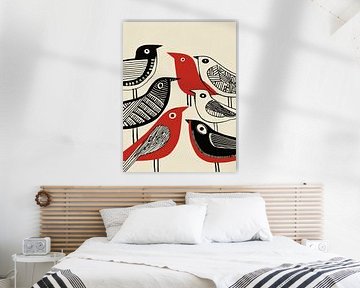 Singing birds in black and red | Graphic Scandinavian art by Lauren Wilde