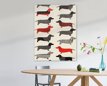 Gestreifte Dackel in Schwarz und Rot | Grafikkunst mit Humor von Lauren Wilde