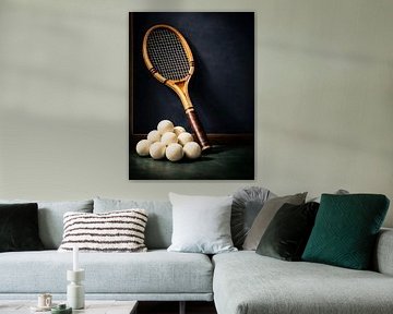Vintage Wooden Tennis Racket And White Balls