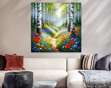 Bouleaux au bord du chemin – Scène forestière paisible sur AidasignArt