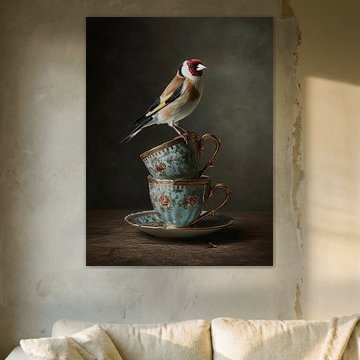 Distelfink auf Vintage-Tassen in sanftem Licht