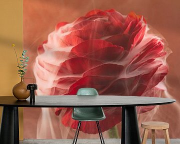 Tangerine Twist: A red carnation enveloped in smoke by Marjolijn van den Berg