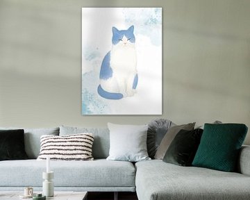 Ruhige blaue Katze – Minimalistische Aquarellillustration von Keny Studio