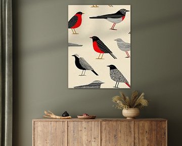 Graphic birds in black and red – Mid-Century Print