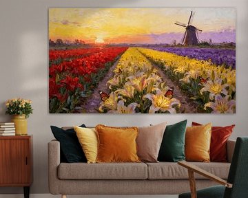 Farbenfrohe Blumenwiese als Wanddekoration – Ölgemälde im Stil einer Windmühlenlandschaft von ForKey