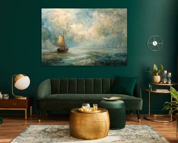 Segelboot im nebligen Meer – Großes maritimes Gemälde in Blau- und Goldtönen von Peter Pen Zeichnungen und Gemälde