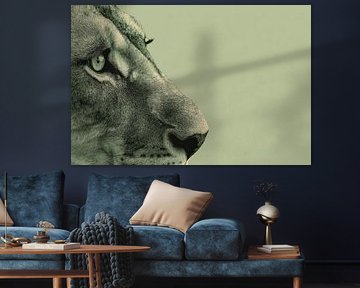 Lion Intense Gaze in Green Monochrome Portrait Close-up by Eva Lee