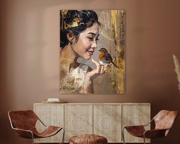 Robin and Asian woman – artwork in gold and taupe – about love for animals