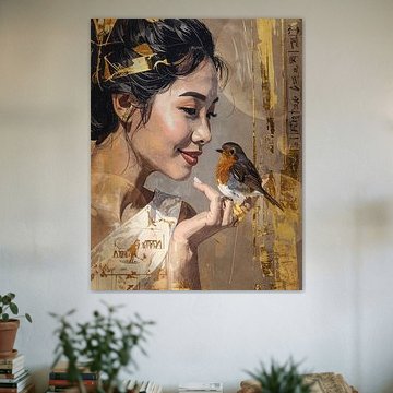 Rouge-gorge et femme asiatique - œuvre d'art en or et taupe - sur l'amour des animaux