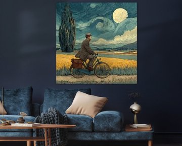 Mann, der über einer sternenübersäten Nacht Rad fährt von Aden Pink Studio