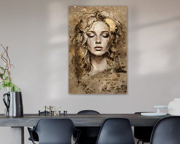 Beauty of gold - portrait of a woman with closed eyes - luxurious wall decoration in chic hotel style by Emiel de Lange
