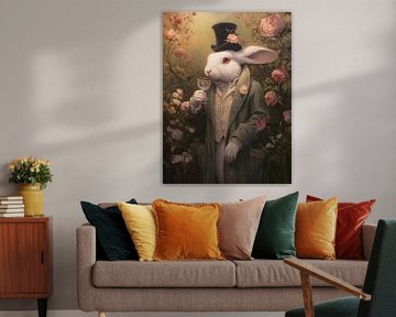 Elegant white hare with top hat and roses
