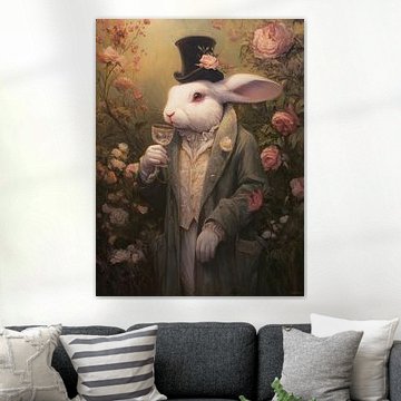 Elegant white hare with top hat and roses
