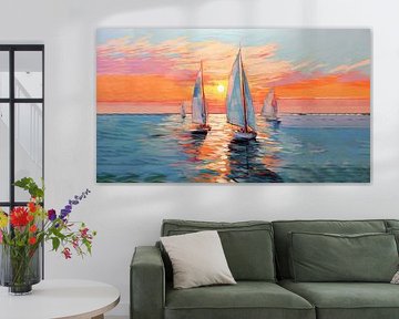 Abstrakte Segelboote unter der untergehenden Sonne Panorama von TheXclusive Art