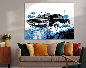 Retro Black Muscle Car Rear Pop Art Portrait by Ramy Salah Hefny